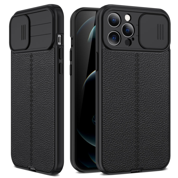 Litchi Texture Sliding Camshield TPU Protective Case For iPhone 13 Pro Max(Black)