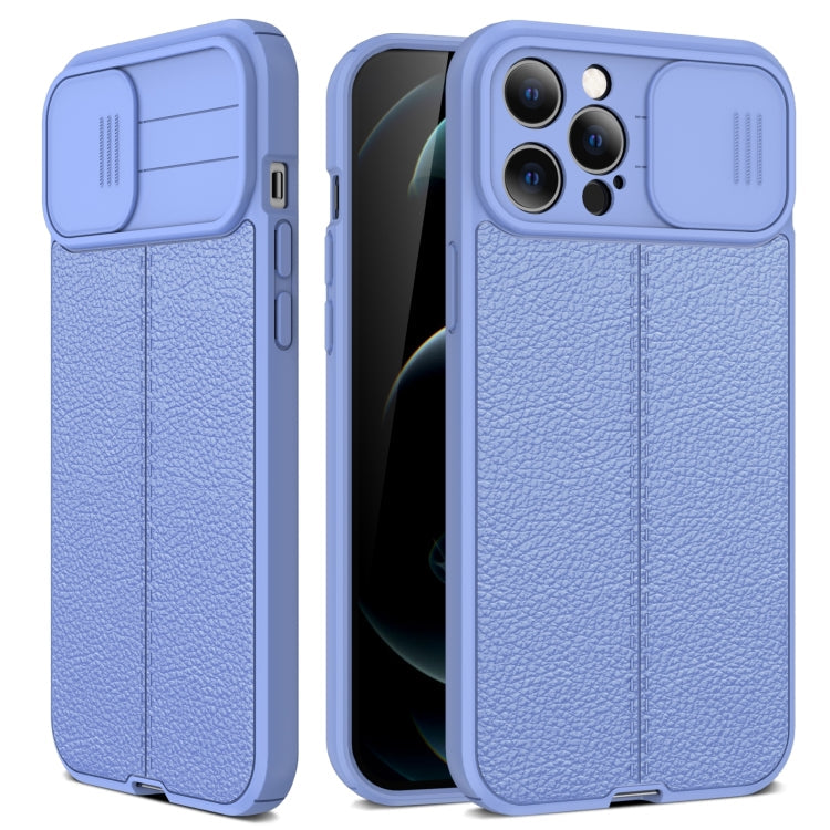 Litchi Texture Sliding Camshield TPU Protective Case For iPhone 13 Pro Max(Light Purple)