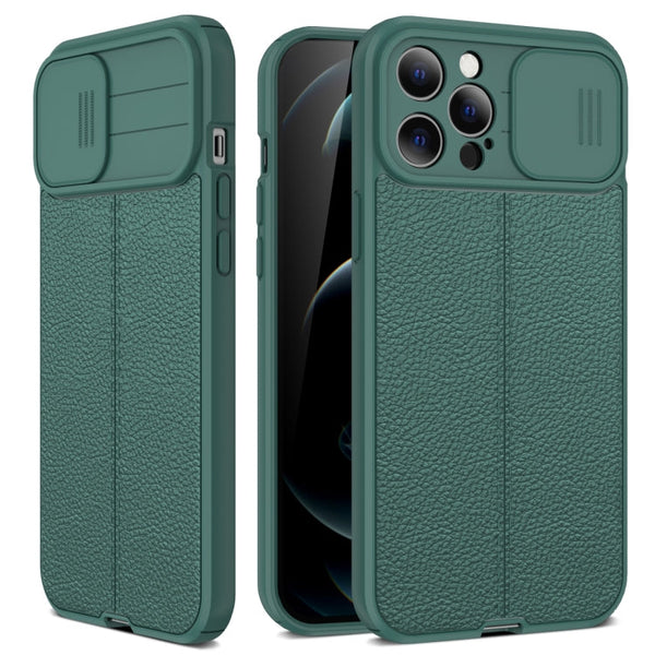 Litchi Texture Sliding Camshield TPU Protective Case For iPhone 13 Pro Max(Dark Green)
