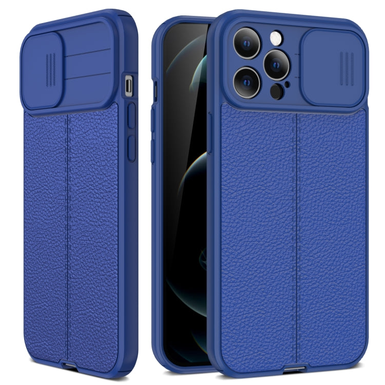 Litchi Texture Sliding Camshield TPU Protective Case For iPhone 13 Pro Max(Blue)