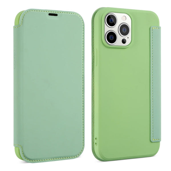 Skin Feel Horizontal Flip PU Leather Case with Holder & Card Slot For iPhone 13 Pro(Tea Green)