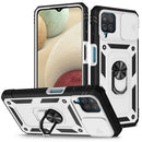 For Samsung Galaxy A12 Sliding Camera Cover Design TPU + PC Protective Case with 360 Degree Rotating Holder & Card Slot(White+Black)