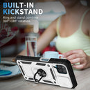 For Samsung Galaxy A12 Sliding Camera Cover Design TPU + PC Protective Case with 360 Degree Rotating Holder & Card Slot(White+Black)
