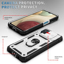 For Samsung Galaxy A12 Sliding Camera Cover Design TPU + PC Protective Case with 360 Degree Rotating Holder & Card Slot(White+Black)