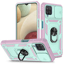 For Samsung Galaxy A12 Sliding Camera Cover Design TPU + PC Protective Case with 360 Degree Rotating Holder & Card Slot(Pink+Green)