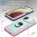 For Samsung Galaxy A12 Sliding Camera Cover Design TPU + PC Protective Case with 360 Degree Rotating Holder & Card Slot(Pink+Green)