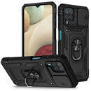 For Samsung Galaxy A12 Sliding Camera Cover Design TPU + PC Protective Case with 360 Degree Rotating Holder & Card Slot(Black+Black)