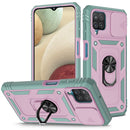 For Samsung Galaxy A12 Sliding Camera Cover Design TPU + PC Protective Case with 360 Degree Rotating Holder & Card Slot(Grey Green+Pink)