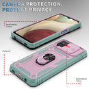 For Samsung Galaxy A12 Sliding Camera Cover Design TPU + PC Protective Case with 360 Degree Rotating Holder & Card Slot(Grey Green+Pink)