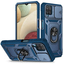 For Samsung Galaxy A12 Sliding Camera Cover Design TPU + PC Protective Case with 360 Degree Rotating Holder & Card Slot(Blue+Blue)