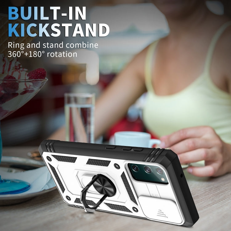 For Samsung Galaxy S20 FE Sliding Camera Cover Design TPU + PC Protective Case with 360 Degree Rotating Holder & Card Slot(White+Black)