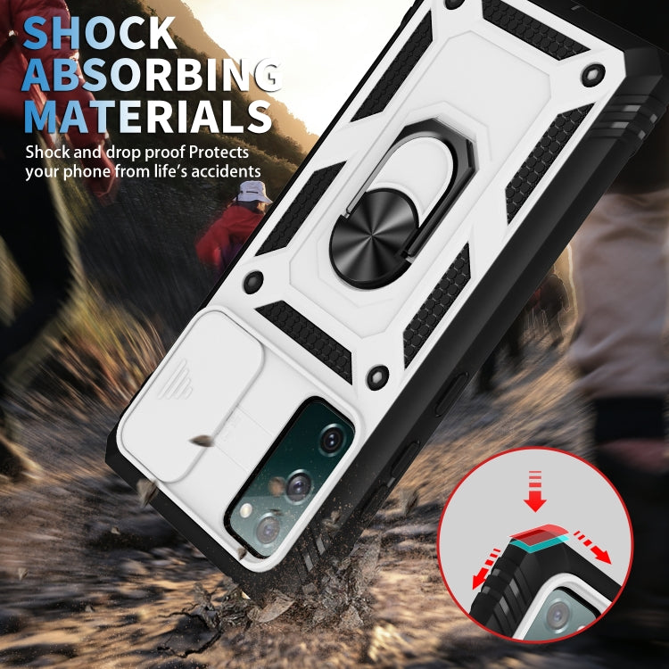 For Samsung Galaxy S20 FE Sliding Camera Cover Design TPU + PC Protective Case with 360 Degree Rotating Holder & Card Slot(White+Black)
