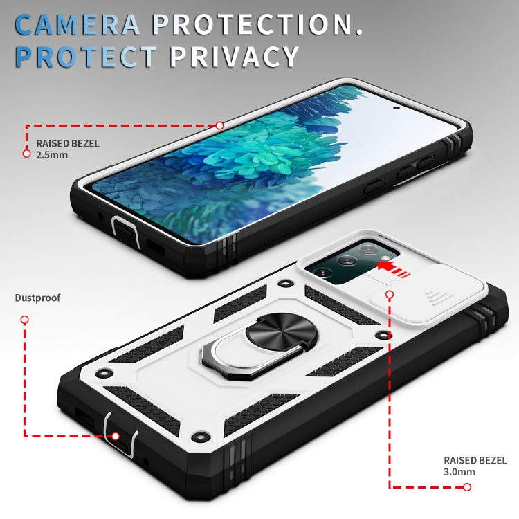 For Samsung Galaxy S20 FE Sliding Camera Cover Design TPU + PC Protective Case with 360 Degree Rotating Holder & Card Slot(White+Black)