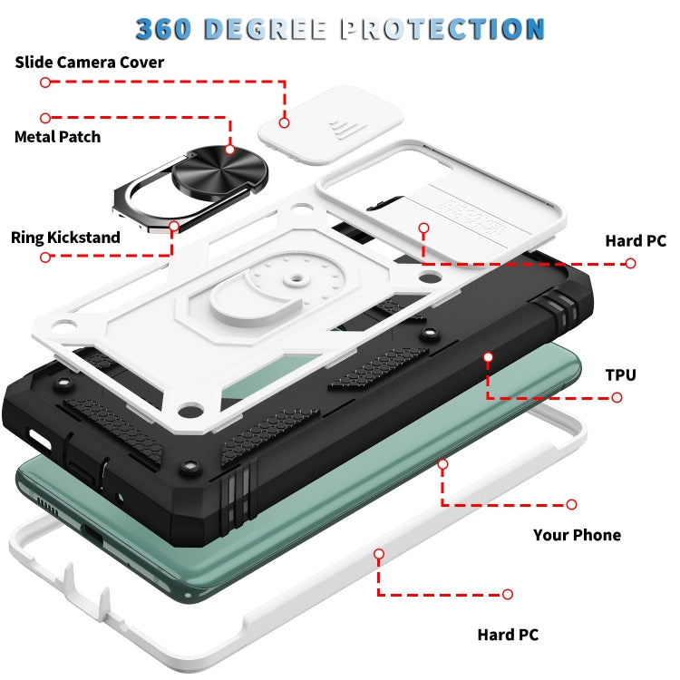 For Samsung Galaxy S20 FE Sliding Camera Cover Design TPU + PC Protective Case with 360 Degree Rotating Holder & Card Slot(White+Black)