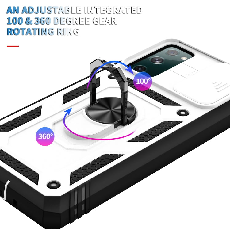 For Samsung Galaxy S20 FE Sliding Camera Cover Design TPU + PC Protective Case with 360 Degree Rotating Holder & Card Slot(White+Black)
