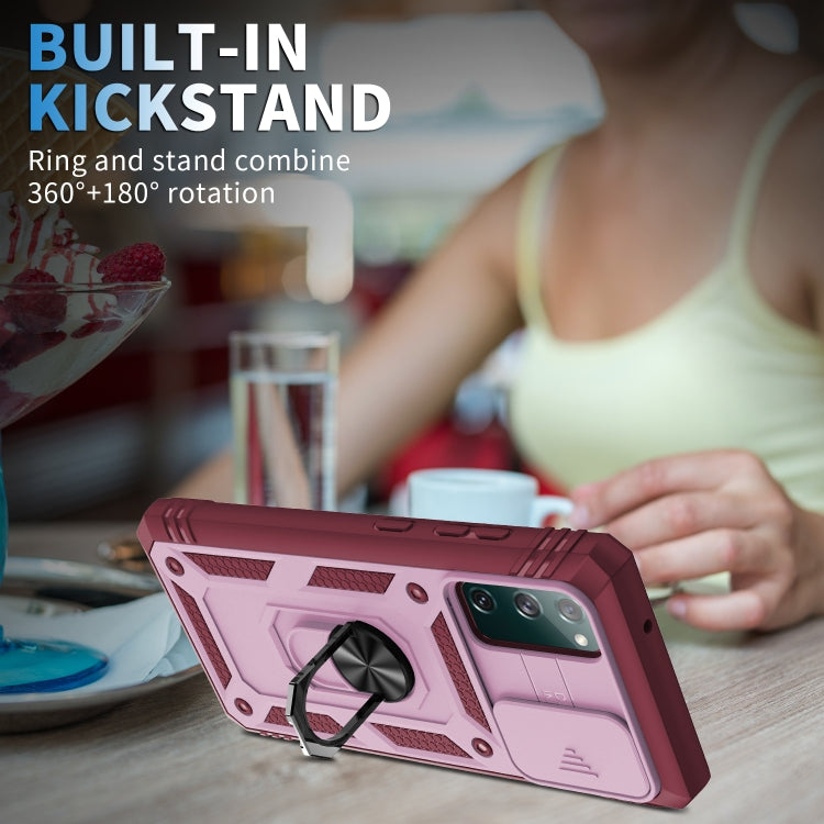 For Samsung Galaxy S20 FE Sliding Camera Cover Design TPU + PC Protective Case with 360 Degree Rotating Holder & Card Slot(Pink+Dark Red)