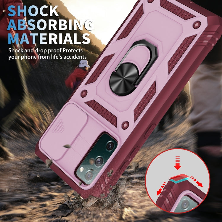 For Samsung Galaxy S20 FE Sliding Camera Cover Design TPU + PC Protective Case with 360 Degree Rotating Holder & Card Slot(Pink+Dark Red)