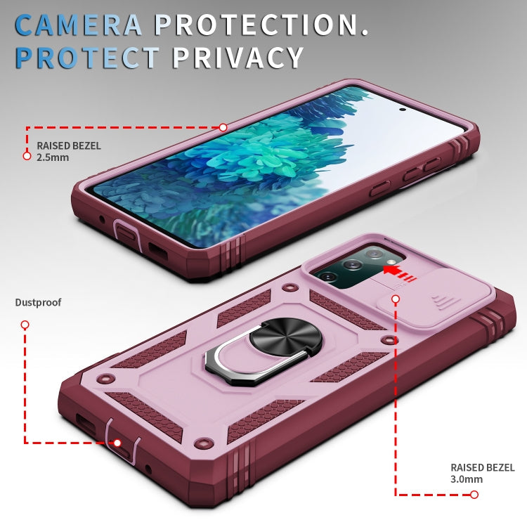 For Samsung Galaxy S20 FE Sliding Camera Cover Design TPU + PC Protective Case with 360 Degree Rotating Holder & Card Slot(Pink+Dark Red)