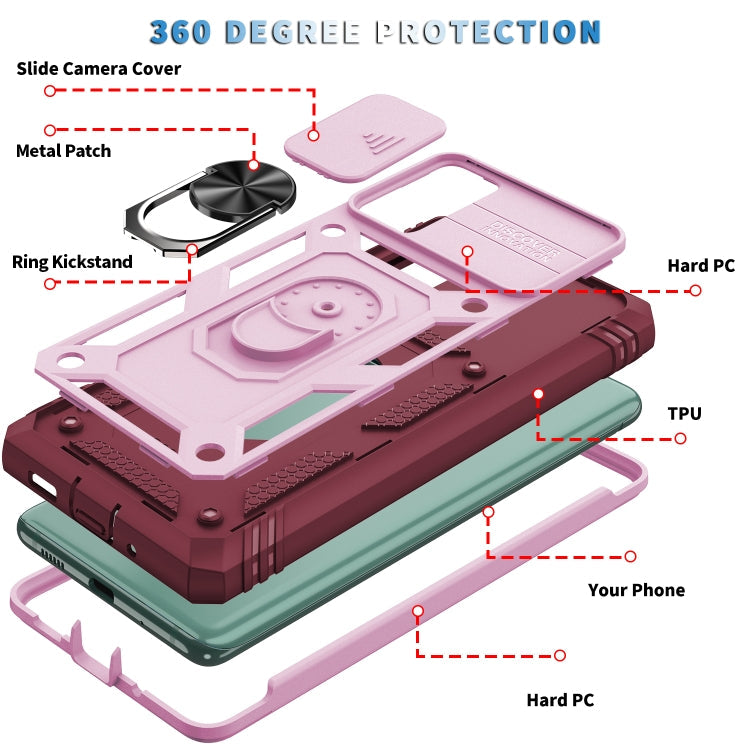 For Samsung Galaxy S20 FE Sliding Camera Cover Design TPU + PC Protective Case with 360 Degree Rotating Holder & Card Slot(Pink+Dark Red)
