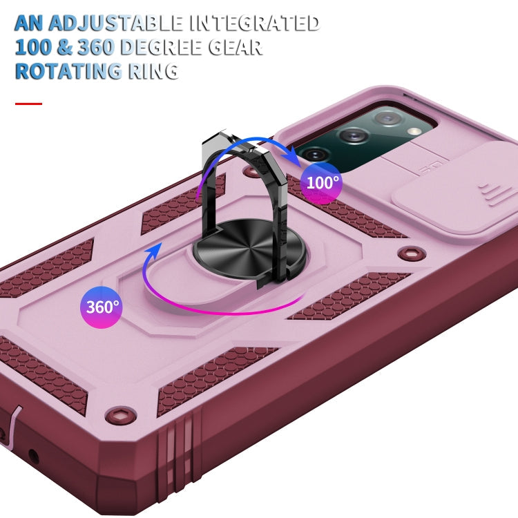For Samsung Galaxy S20 FE Sliding Camera Cover Design TPU + PC Protective Case with 360 Degree Rotating Holder & Card Slot(Pink+Dark Red)