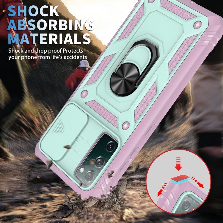 For Samsung Galaxy S20 FE Sliding Camera Cover Design TPU + PC Protective Case with 360 Degree Rotating Holder & Card Slot(Pink+Green)