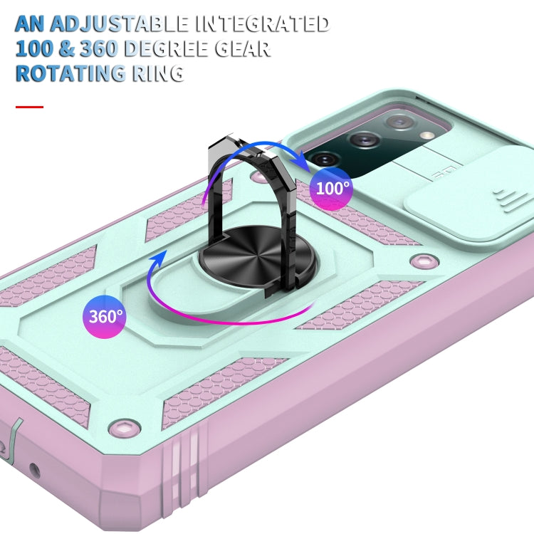 For Samsung Galaxy S20 FE Sliding Camera Cover Design TPU + PC Protective Case with 360 Degree Rotating Holder & Card Slot(Pink+Green)
