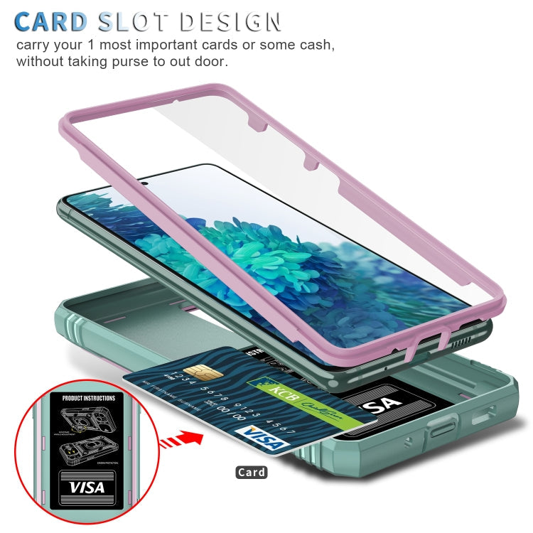 For Samsung Galaxy S20 FE Sliding Camera Cover Design TPU + PC Protective Case with 360 Degree Rotating Holder & Card Slot(Pink+Green)