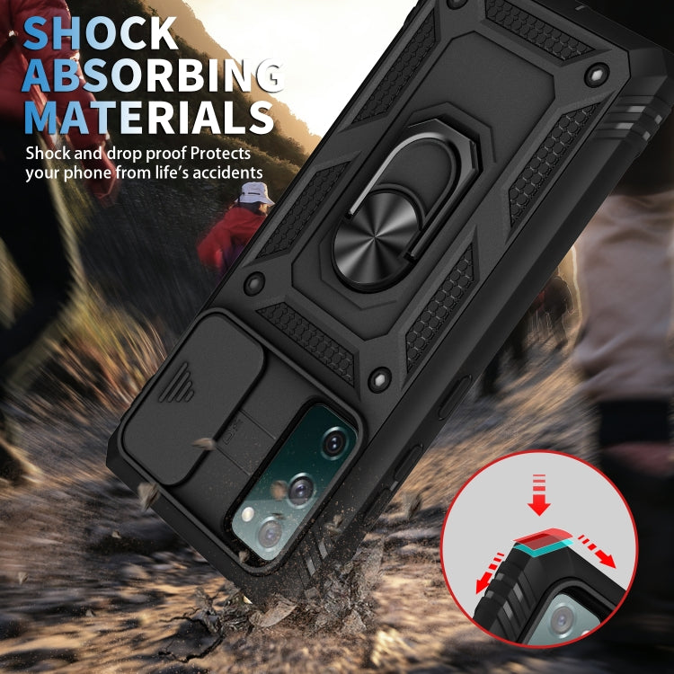 For Samsung Galaxy S20 FE Sliding Camera Cover Design TPU + PC Protective Case with 360 Degree Rotating Holder & Card Slot(Black+Black)