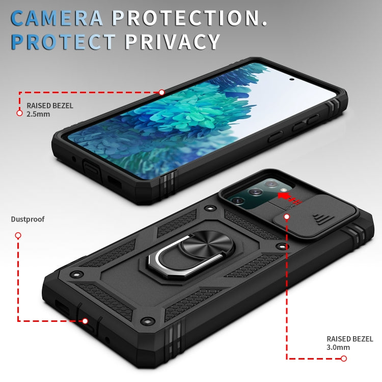 For Samsung Galaxy S20 FE Sliding Camera Cover Design TPU + PC Protective Case with 360 Degree Rotating Holder & Card Slot(Black+Black)
