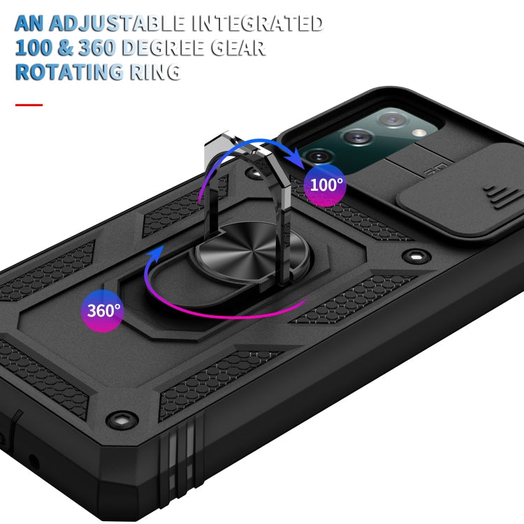 For Samsung Galaxy S20 FE Sliding Camera Cover Design TPU + PC Protective Case with 360 Degree Rotating Holder & Card Slot(Black+Black)