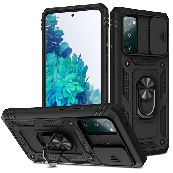For Samsung Galaxy S20 FE Sliding Camera Cover Design TPU + PC Protective Case with 360 Degree Rotating Holder & Card Slot(Black+Black)