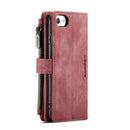 CaseMe-C30 PU + TPU Multifunctional Horizontal Flip Leather Case with Holder & Card Slot & Wallet & Zipper Pocket For iPhone SE 2022 / SE 2020 / 8 / 7 / 6(Red)