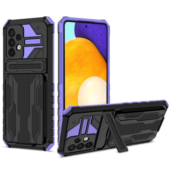 For Samsung Galaxy A52 5G / 4G Armor Card PC + TPU Shockproof Case with Card Slot & Invisible Holder(Purple)