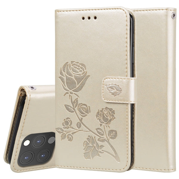 Rose Embossed Horizontal Flip PU Leather Case with Holder & Card Slots & Wallet For iPhone 13 Pro(Gold)