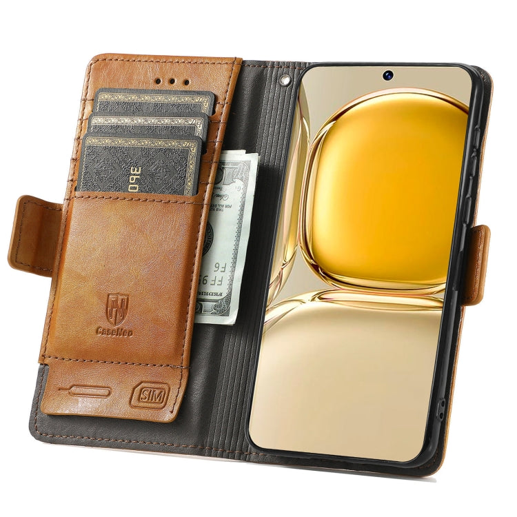 For Huawei P50 Pro CaseNeo Business Splicing Dual Magnetic Buckle Horizontal Flip PU Leather Case with Holder & Card Slots & Wallet(Khaki)