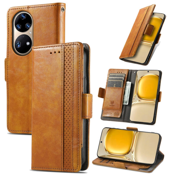 For Huawei P50 Pro CaseNeo Business Splicing Dual Magnetic Buckle Horizontal Flip PU Leather Case with Holder & Card Slots & Wallet(Khaki)