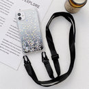 Gradient Glitter Powder Epoxy TPU Thickened Acrylic Shockproof Case with Wide Neck Lanyard For iPhone 13 Pro(Black)