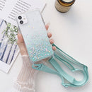 Gradient Glitter Powder Epoxy TPU Thickened Acrylic Shockproof Case with Wide Neck Lanyard For iPhone 13 Pro(Glacier Blue)