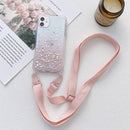 Gradient Glitter Powder Epoxy TPU Thickened Acrylic Shockproof Case with Wide Neck Lanyard For iPhone 13 Pro(Pink)