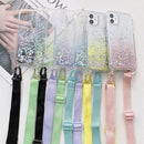 Gradient Glitter Powder Epoxy TPU Thickened Acrylic Shockproof Case with Wide Neck Lanyard For iPhone 13 Pro(Pink)
