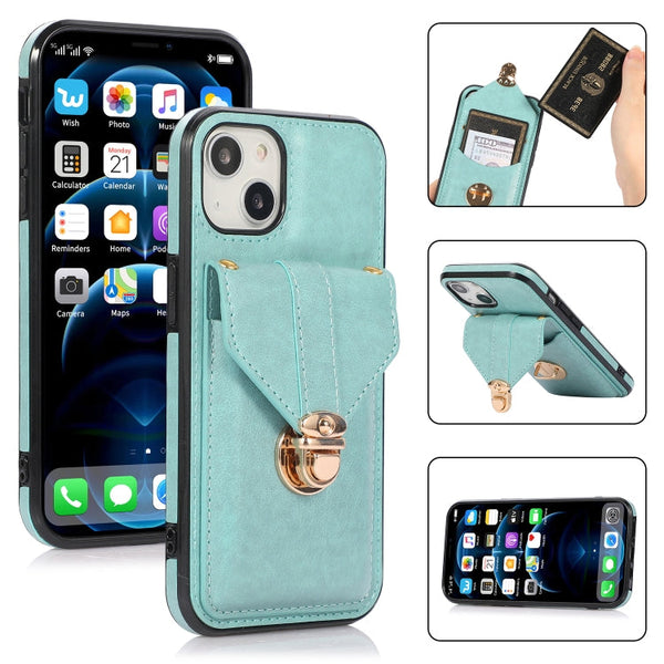 Fashion Buckle Protective Case with Holder & Card Slot & Wallet & Lanyard For iPhone 13 Pro(Green)