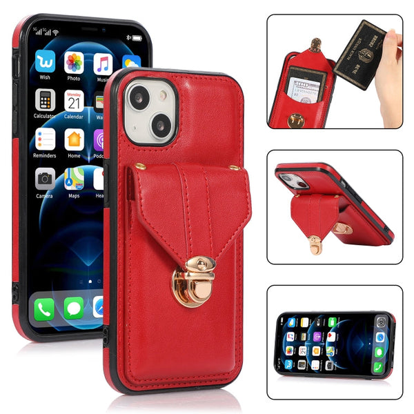 Fashion Buckle Protective Case with Holder & Card Slot & Wallet & Lanyard For iPhone 13(Red)