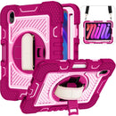 360 Degree Rotation Contrast Color Shockproof Silicone + PC Tablet Case with Holder & Hand Grip Strap & Shoulder Strap For iPad mini 6(Rose Red+Pink)