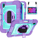360 Degree Rotation Contrast Color Shockproof Silicone + PC Tablet Case with Holder & Hand Grip Strap & Shoulder Strap For iPad mini 6(Purple+Mint Green)
