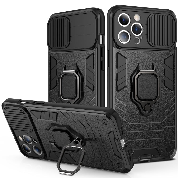 Sliding Camera Cover Design TPU + PC Shockproof Case with Ring Holder For iPhone 13 Pro(Black)