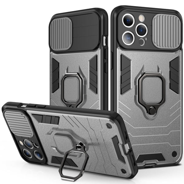 Sliding Camera Cover Design TPU + PC Shockproof Case with Ring Holder For iPhone 13 Pro(Grey)