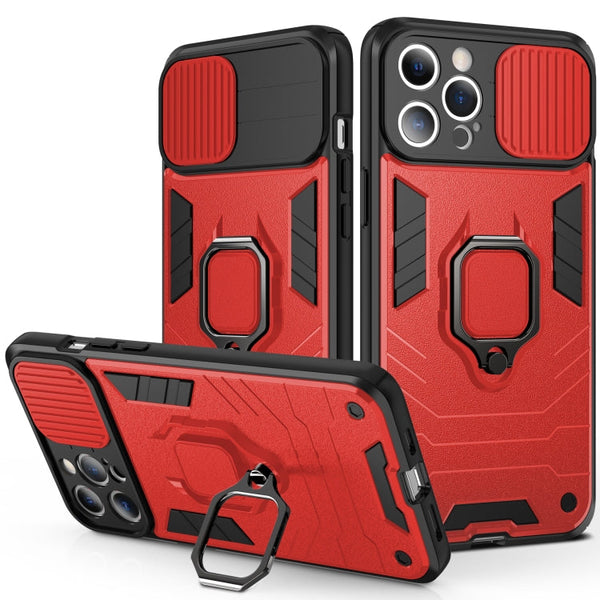 Sliding Camera Cover Design TPU + PC Shockproof Case with Ring Holder For iPhone 13 Pro(Red)