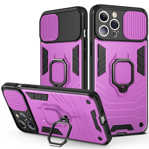 Sliding Camera Cover Design TPU + PC Shockproof Case with Ring Holder For iPhone 13 Pro(Purple)
