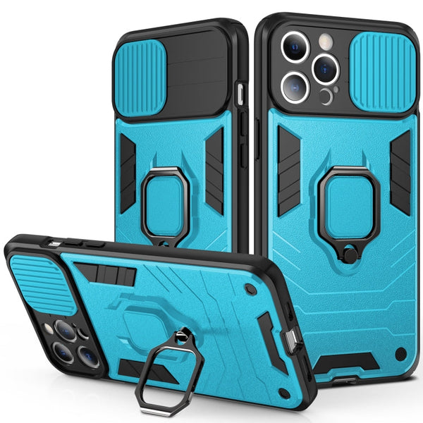 Sliding Camera Cover Design TPU + PC Shockproof Case with Ring Holder For iPhone 13 Pro(Sky Blue)