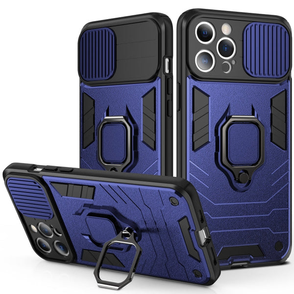 Sliding Camera Cover Design TPU + PC Shockproof Case with Ring Holder For iPhone 13 Pro(Blue)